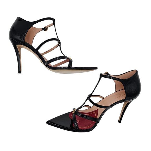 Gucci GG Jerry Patent Leather Cage Sandal Size 38.5 US 8.5 Black Pointed Toe - Picture 4 of 9